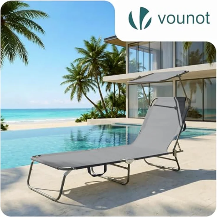 VOUNOT® Sonnenliege Klappbar, Gartenliege mit Dach und 4-Fach Verstellbarer Rückenlehne, Leichte Strandliege für Garten, Terrasse, Camping, Pool & Strand, Grau – Bild 2