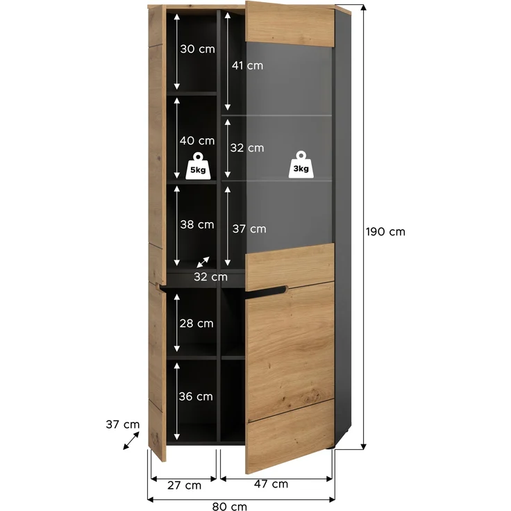 Vitrine >Canu< in Basalt Grau / Artisan - 190x80x37cm (BxHxT) – Bild 4