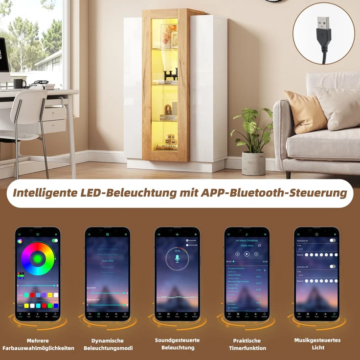 DESVIAE Vitrine mit LED-Beleuchtung und 3 Türen 74x120x40 cm Spanplatte Weiß/Natur – Bild 5