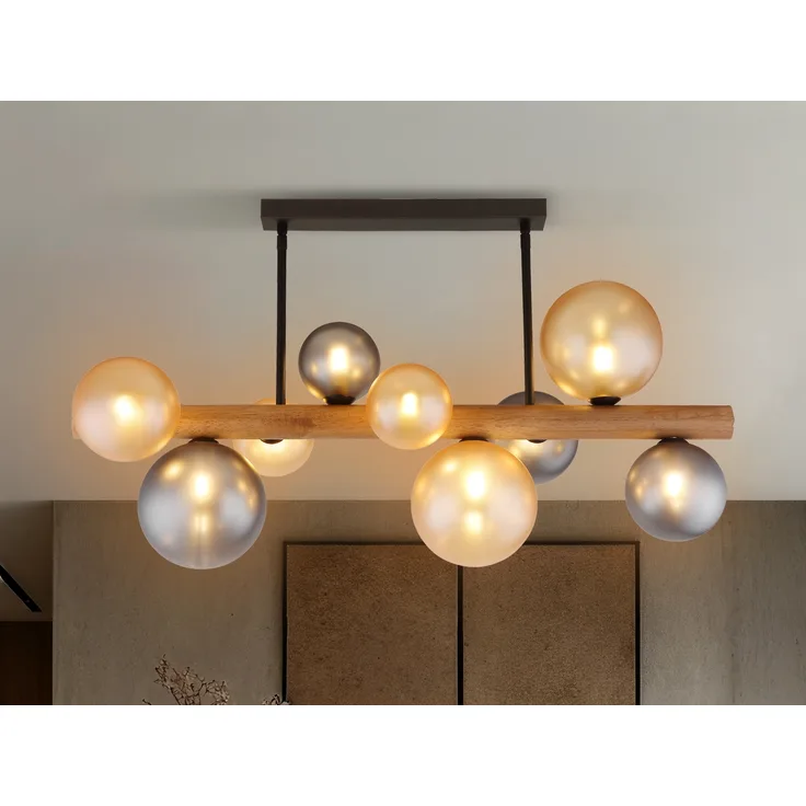 LED Deckenleuchte aus Holz 9-flammig Glaskugeln Rauchglas & Bernstein, B: 78cm