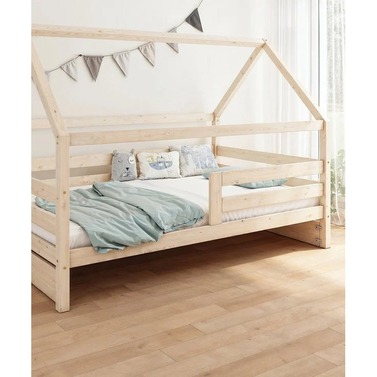 Ehrenkind Hausbett Kiefer K3 Natur und weiß 200x120 cm & 200x90 cm (mit Rausfallschutz in weiß), Hausbett 90x200 cm – Bild 3