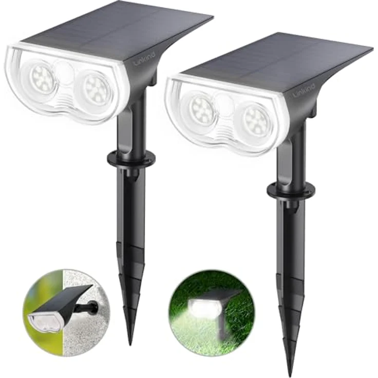 Linkind LED Solarlampen für Außen, Licht-Sensorik Solarleuchte, IP67 Wasserdicht Außenwandleuchte 650lm 6500K Tageslichtweiß Solarlicht, Solarbetrieben Strahler, 2 Stück – Bild 2