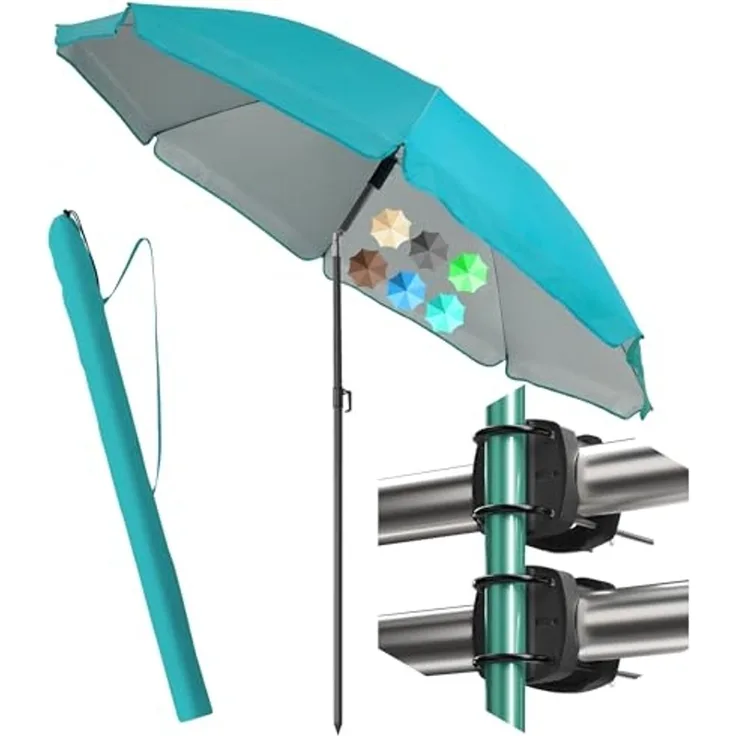 4smile Sonnenschirm Balkon SunnyJoy im 4er-Set - UPF 50+ Balkon Schirm + 2 x Sonnenschirmhalter Balkongeländer SunnyEasy + Sonnenschirmhülle - Sonnenschirm Strand 180 cm in Türkis