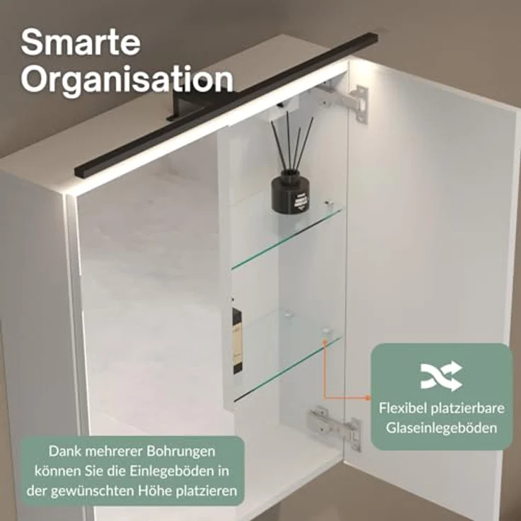 Planetmöbel ARIA Spiegelschrank Bad mit Beleuchtung 70 cm breit | Badschrank hängend mit Spiegel | Weiß Grau, mit Leuchte und Steckdose, Spiegelschrank Gäste WC 70 x 70 x 16 cm – Bild 6