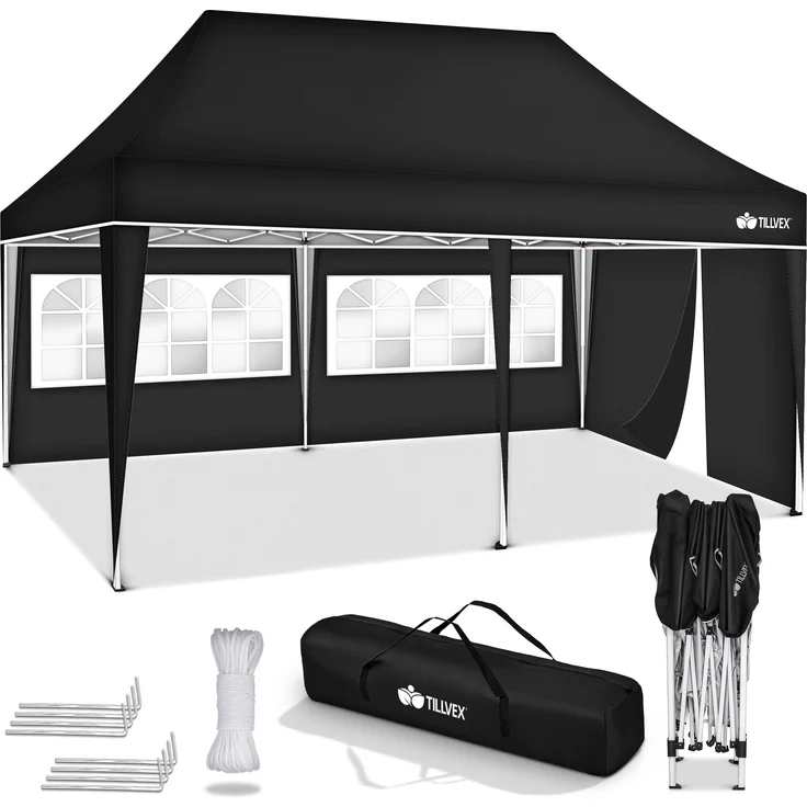 tillvex Pavillon 3x6m - mit 3 Seitenwänden Schwarz wasserdicht | Pop-Up Faltpavillon höhenverstellbar | Gartenzelt UV Schutz 50+ | Partyzelt mit Tasche für Garten – Bild 6