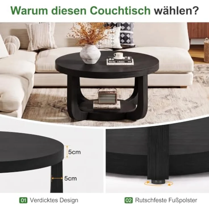 LITTLE TREE Runder Couchtisch 80 cm, 2-stöckiger Wohnzimmertisch mit Ablage | Landhausstil Kaffeetisch, Holz‑Optik Tisch für Wohnzimmer, Schlafzimmer und Lounge, Schwarz – Bild 5