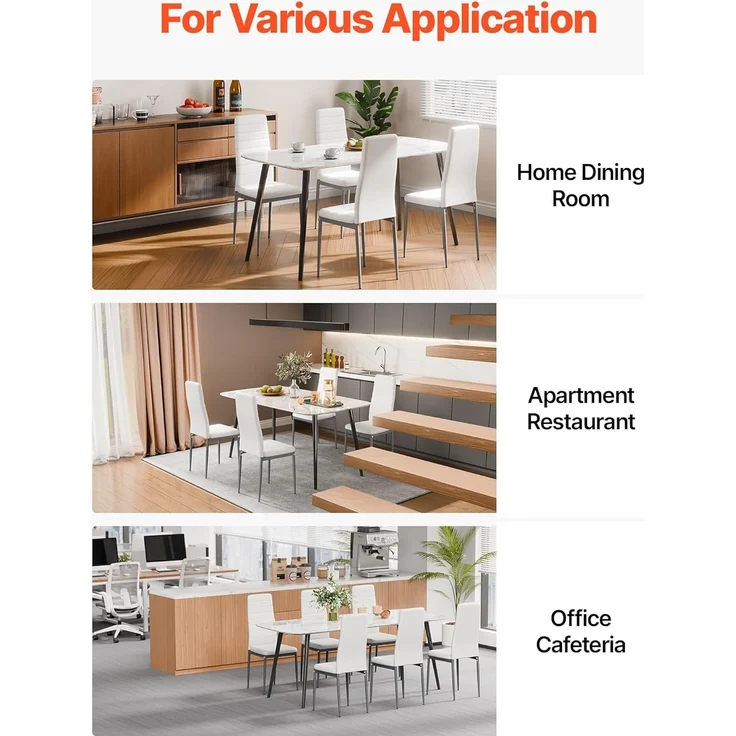 VEVOR moderner Esszimmerstuhl (6 STK.) eleganter gepolsterter Leder-Beistellstuhl (136 kg belastbar) für Esstische, platzsparender Küchentischstuhl mit dicken Kissen & Metallbeinen, Weiß Cafeteria – Bild 7