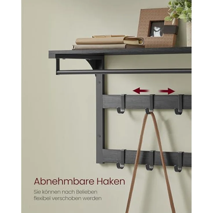 VASAGLE 2er Set Wandgarderobe, mit Ablage, Schwarz, Metall | Hakenleiste aus Holz, mit Kleiderstange, 65 x 30 x 42 cm, für Flur, COLEX Kollektion – Bild 4