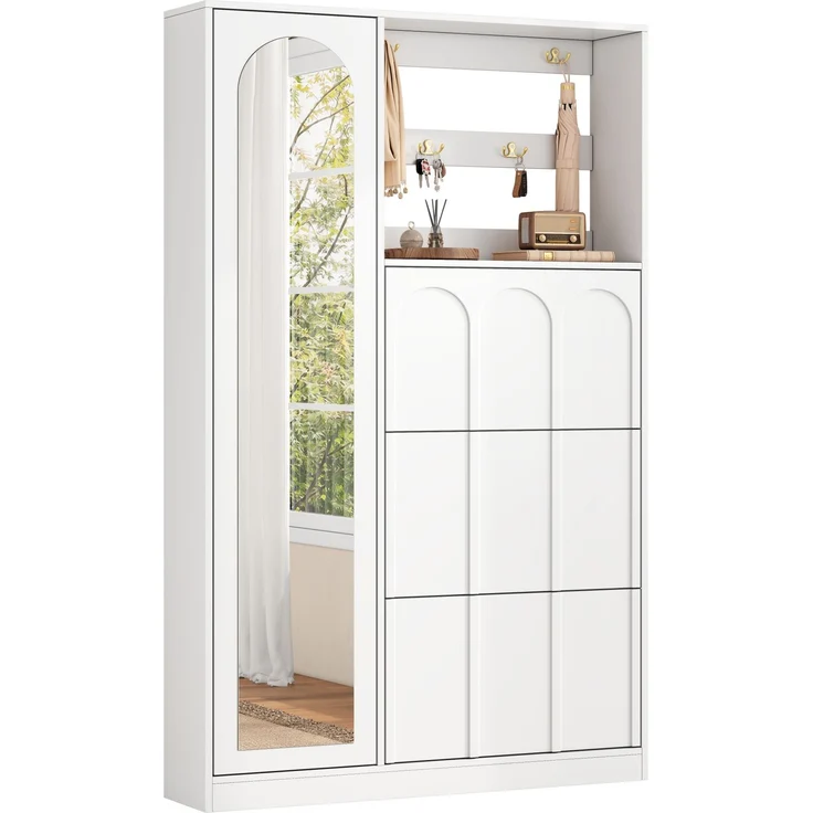 Garderobenschrank 100x24x164 cm in Weiß mit Spiegel, 3 Schuhklappen und Haken – Bild 7