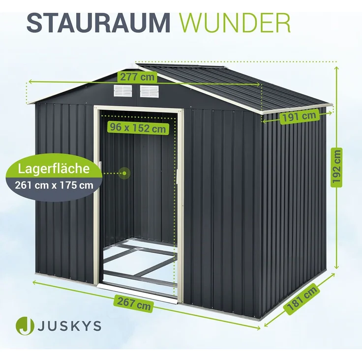 Juskys Metall Gerätehaus XL mit Satteldach, Schiebetür & Fundament, anthrazit, 9m³, 192 x 191 x 277 cm – Bild 4