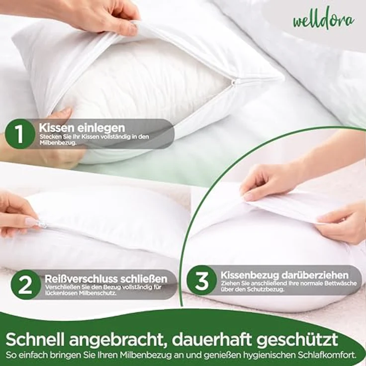 Welldora ǀ 2er-Set Milbenbezug Kissen 40x80 ǀ Fachärztlich getesteter Allergiker Kissenbezug mit Premium Encasing gegen Milben & Bettwanzen, waschbar bis 95 Grad – Bild 3