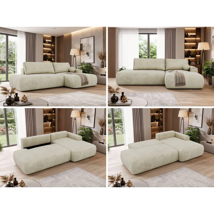 Ecksofa TAREN L mit Schlaffunktion, Bettkasten, DL-Mechanismus, Wellenfederung und freistehendem, Sofa mit Stauraum - Beige Velvet - Rechts – Bild 2