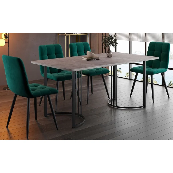 Essgruppe 5-tlg, Esstisch 140x80x75 cm Grau Marmor & 4 dunkelgrüne Samtstühle – Bild 2
