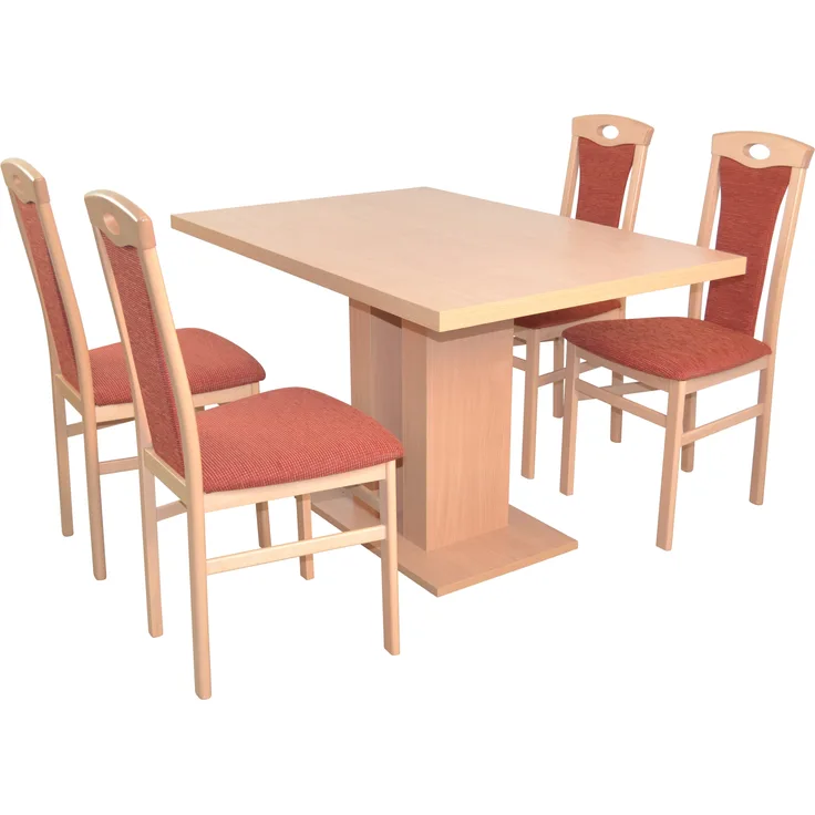 Essgruppe "Madrid", mit 4 Massivholzstühlen, 1 Säulentisch, buche / terra