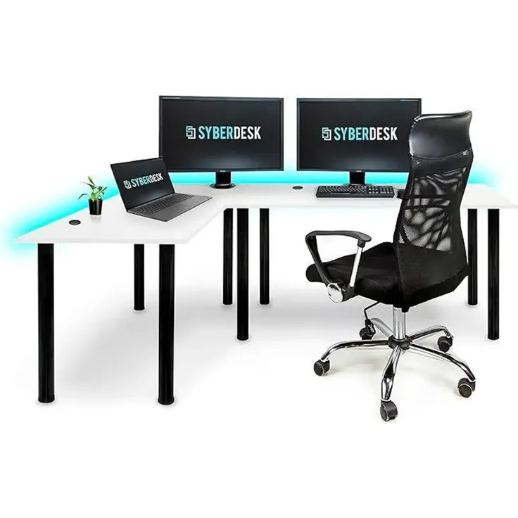SyberDesk Gaming Pro LED Eckschreibtisch 197 x 132 cm mit LED großer Computer-Schreibtisch, Gaming tisch, USB HUB, (links, Weiß)