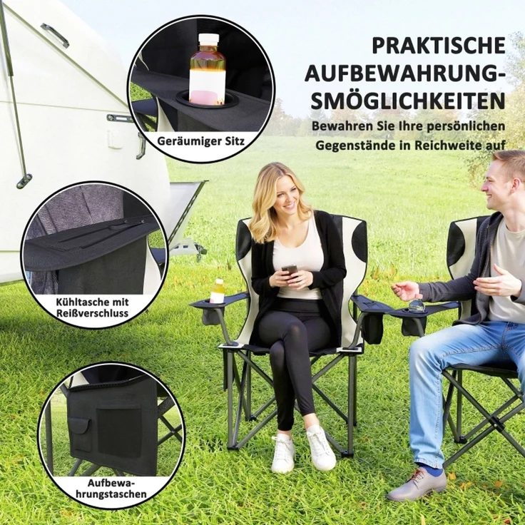 JARDJ 2er Set Faltstuhl faltbar Campingstuhl mit Armlehnen Getränkehalter Kopfstütze Kühltasche Outdoor Klappstuhl bis 120kg belast gepolstert Angelstuhl Gartenstuhl für Garten Camping – Bild 6
