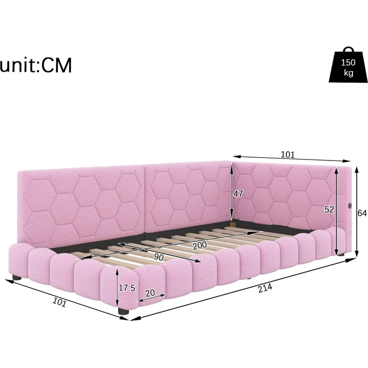 CHICFURN Bett aus Vliesimitat in Rosa 90x200 cm mit LED-Beleuchtung und USB- und Type-C-Anschlüssen – Bild 10