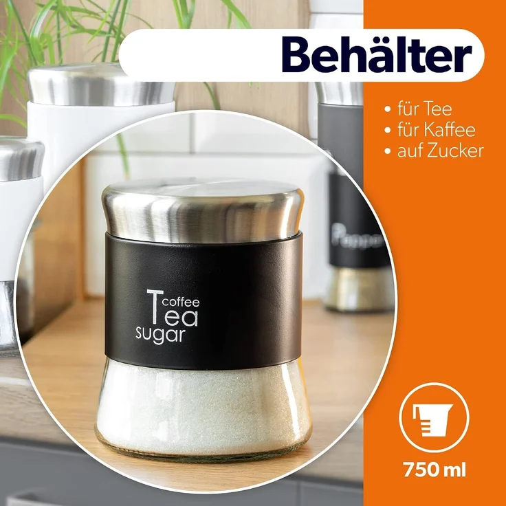 KADAX Glasbehälter für Kaffee, Tee, Zucker, mit Deckel, Schwarz, 750 ml – Bild 2