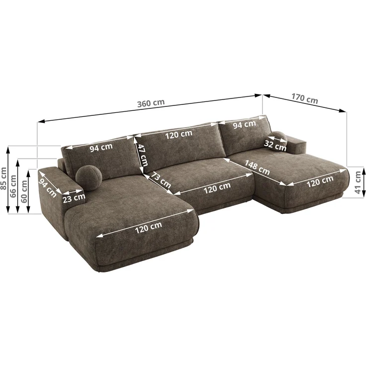 XXL Wohnlandschaft RINA U-Form 360 cm breit, Sofa mit Schlaffunktion & DL-Mechanismus, Wellenfederung, modern freistehend - Braun Schenille grob gewebt – Bild 7