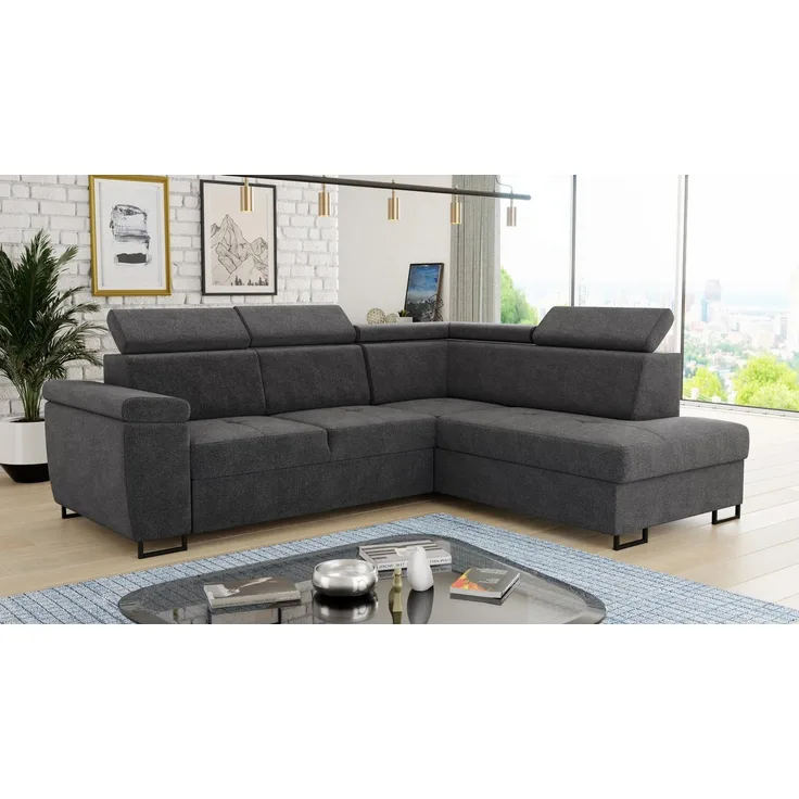 Ecksofa Natan mit Schlaffunktion und einstellbare Kopfstützen - Wohnlandschaft mit Metallfüßen, Couchgarnitur, Bettkasten, Sofa (Ecksofa Rechts, Dunkelgrau (Kronos 22))