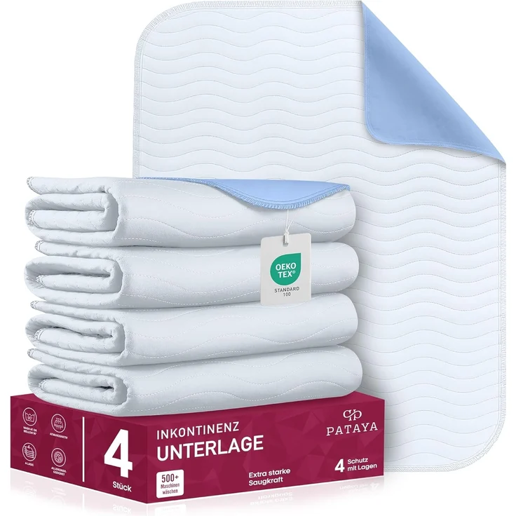 Pataya Inkontinenzunterlage waschbar 50x70 4er - wasserdichte Matratzenschutz Matratzenauflage nässeschutz Bett Inkontinenzauflage Bettunterlage (50x70 cm - 4er) – Bild 1