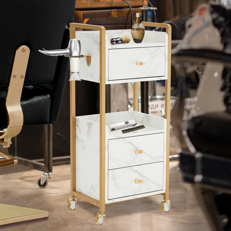M MCombo Servierwagen mit Rollen & 3 Schubladen, Friseurwagen Rollwagen, Salon Trolley mit 2 Ablagen & Föhnhalter, Moderner Arbeitswagen für Bad Wohnzimmer, 30x40x95cm, 0022 (Weiß-Gold) – Bild 2
