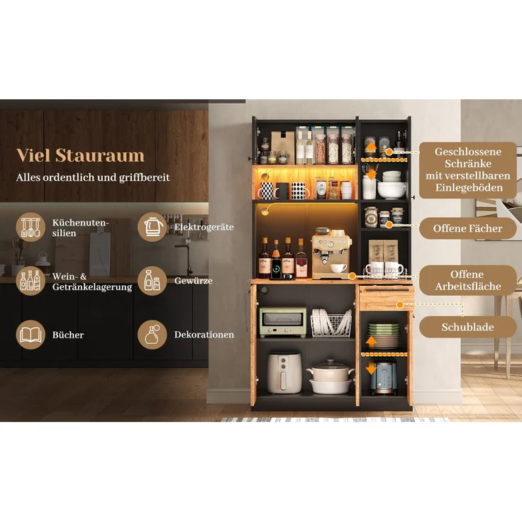 ZUBALIYA Buffetschrank 100x40x180 cm, mit LED-Beleuchtung, mit Steckdosen, mit 6 Türen, aus MDF, Natur – Bild 22