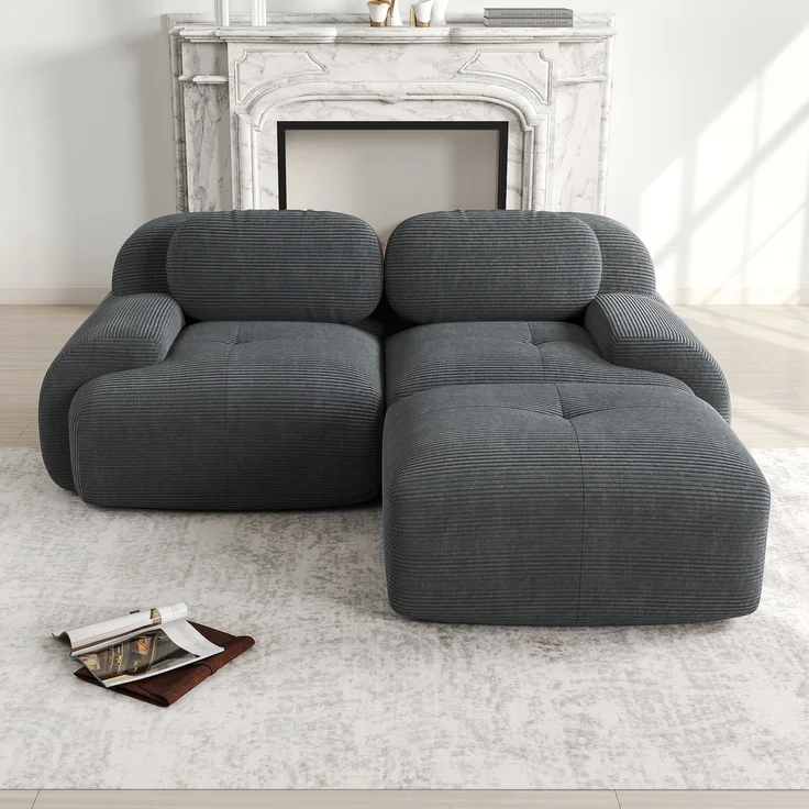 Ecksofa aus weichem Cordstoff,modular kombinierbar mit gebogenen Armlehnen ohne Montage hochelastische Schaumstoffpolsterung für Wohnzimmer Ruhezonen und Schlafzimmer,Cordstoff,Grey, – Bild 1
