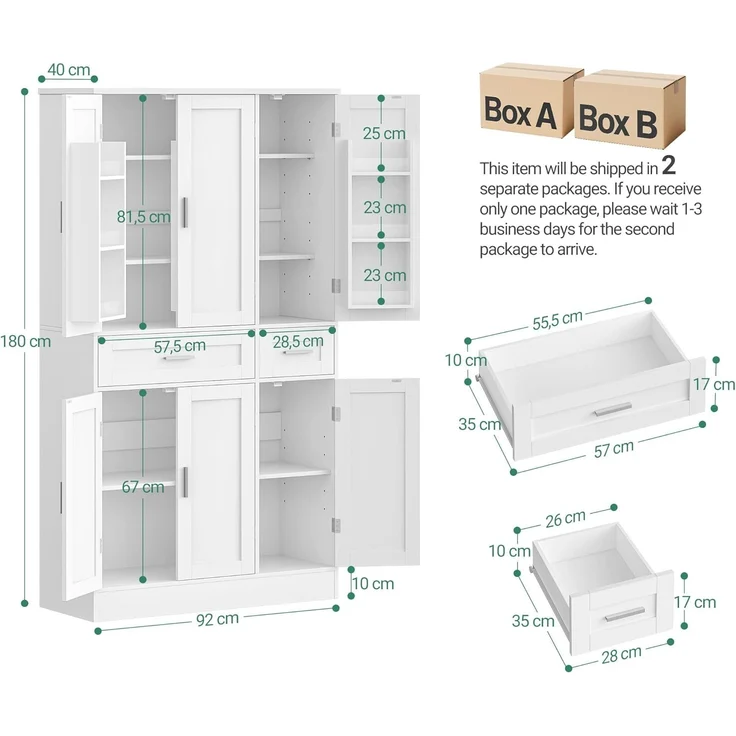 Buffetschrank, Küchenschrank mit 9-stufigem Türrückseiten-Regalsystem, Sideboard mit 6 Türen und 2 Großer Schublade, Modern Stil, Küche, Wohnzimmer, 40 x 92 x 180 cm, Weiß – Bild 10
