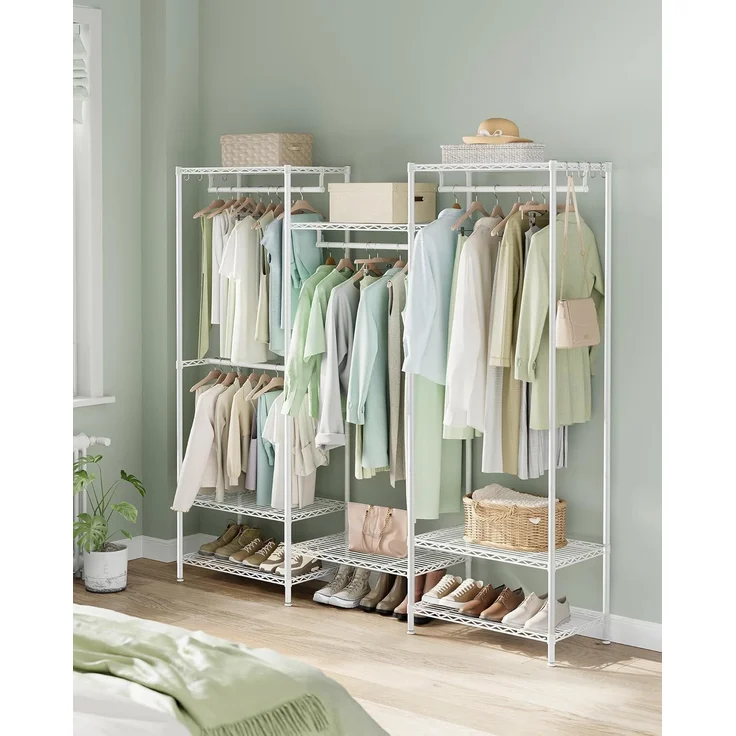 SONGMICS Kleiderständer, offener Kleiderschrank, Garderobe aus Metall, Garderobenständer mit verstellbaren Ablagen und Kleiderstangen, Haken, hochbelastbar, trennbar, wolkenweiß LGRDE431W01 – Bild 2