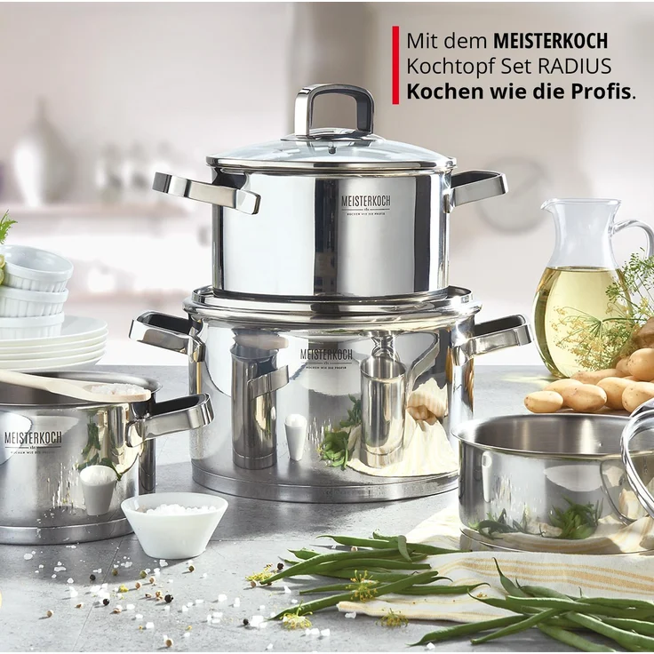 MEISTERKOCH Kochtopf Set komplett aus Edelstahl 4-teilig mit 16cm, 20cm, 24cm Ø Topf & 16cm Soßentopf mit Stiel, Glasdeckel mit Dampfloch, geeignet für Herdarten Induktion, Gas, Elektro & Glaskeramik – Bild 7