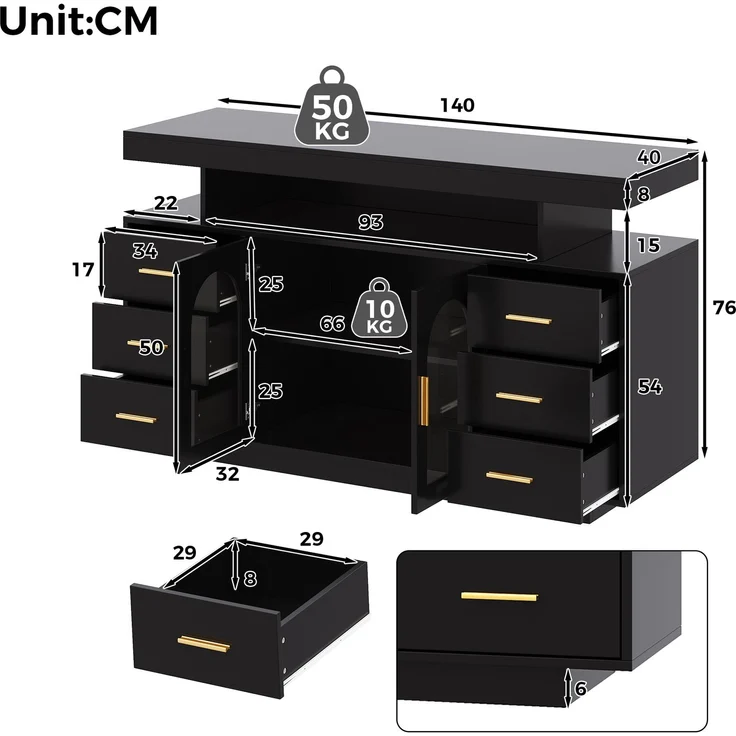 Weinschrank 140 x 40 x 82 cm aus MDF mit 6 Schubladen, Bogenglastüren und RGB-LED-Beleuchtung – Bild 5