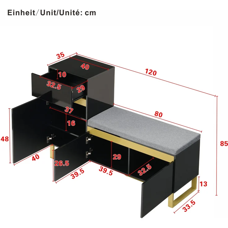 Schuhschrank aus MDF mit Sitzkissen & Schublade, 120x35x85 cm, Schwarz – Bild 10