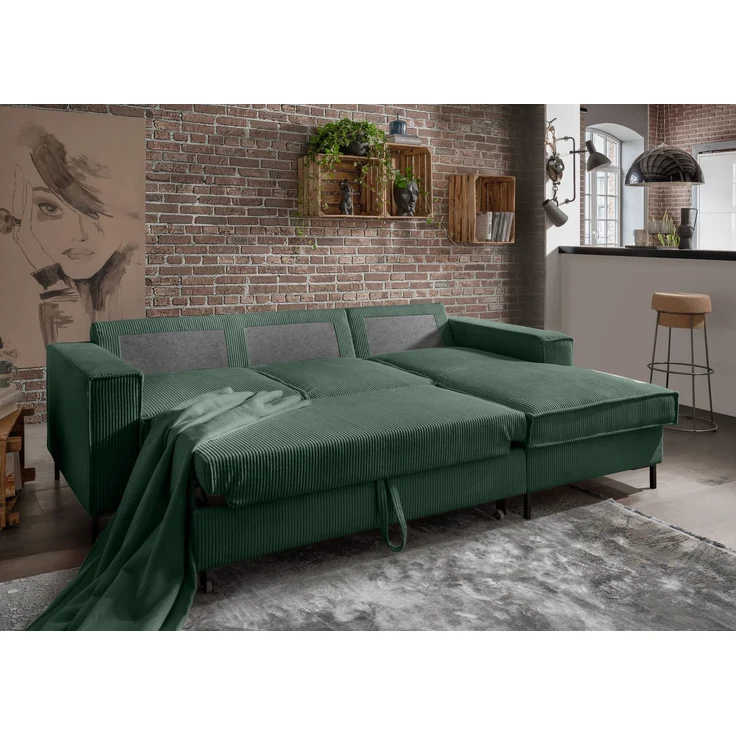 Ecksofa Récamiere Schlaffunktion Bettkasten Couch Polsterecke in Cord Grün – Bild 3