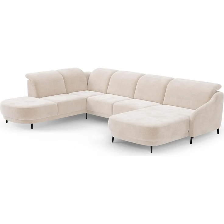 Cavadore Wohnlandschaft Blue, Sofalandschaft mit Longchair im modernen Design, inkl. kopfteilverstellung, Vorziehsitz motorisch, Klapptisch, mattschwarzen Metallfüßen, 356 x 93 x 249, Mikrofaser, Beige