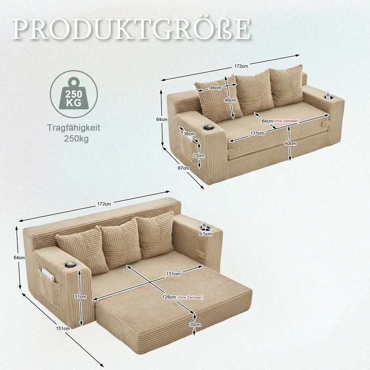 EINHOM Dreier-Sofa aus Baumwoll- und Leinenstoff, mit Getränkehalter und seitlichen Taschen, kann in drei Sitzplätze umgewandelt werden, rahmenloser Design mit gestrickten Kissen und Rückenlehne, großes Sitz – Bild 7