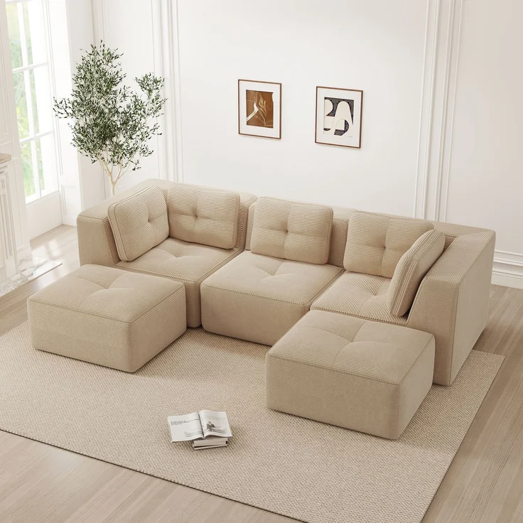 EINHOM Rahmenloses, U-förmiges Ecksofa, modulares Sektionssofa mit Ottomane, geeignet für das Wohnzimmer, dreisitziges Cord-Sofa mit tiefer Sitzfläche, keine Montage erforderlich, Beige – Bild 3