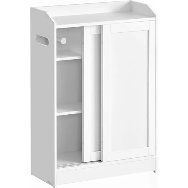 Vasagle Badezimmerschrank, Badschrank platzsparend, Toilettenrollenhalter, Toilettenbürstenhalter, Schiebetüren, verstellbare Einlegeböden, neben der Toilette, 20 x 60 x 80 cm, wolkenweiß BBC752W01