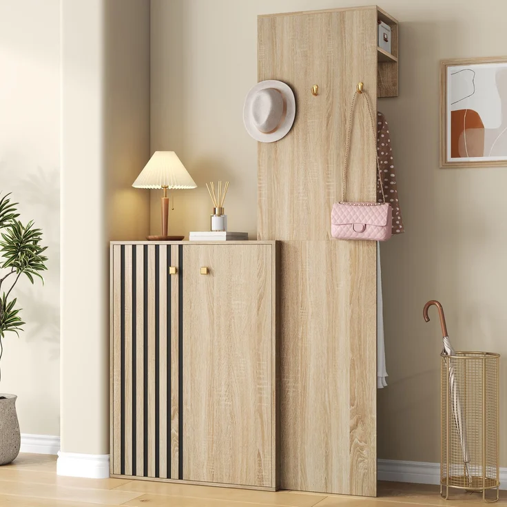 Kompaktgarderobe aus MDF mit Schuhschrank und Kleiderstange, 115x38,5x191,5 cm, Natur – Bild 2