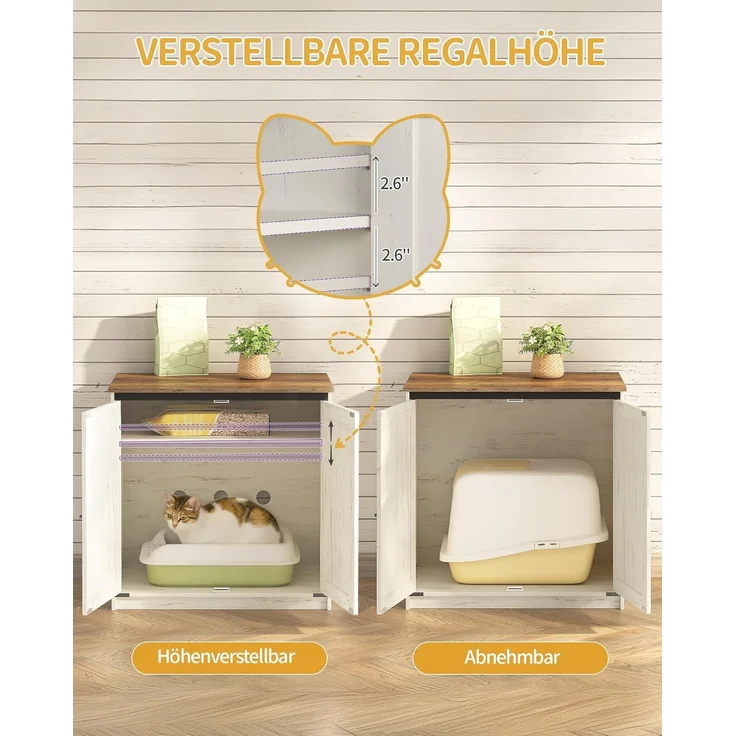 Katzenklo Schrank, Verstecktes Katzenschrank mit Stauraum, Katzenhaus mit Magnetischen, Bauernhausstil, 80 x 50 x 79,5 cm, Geeignet für Flur, Schlafzimmer, Vintagebraun-Weiß – Bild 4