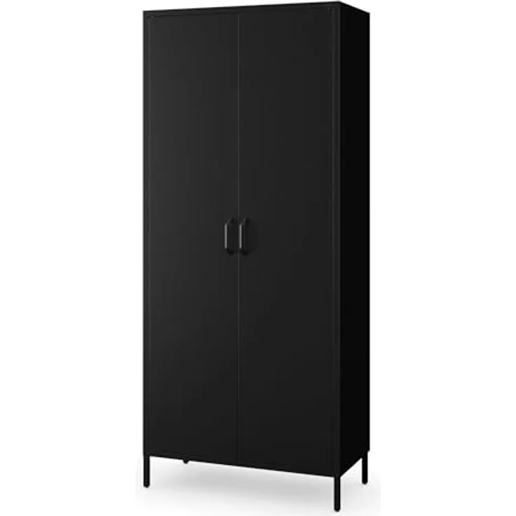 Jan Nowak Kleiderschrank 2 Türig, Metallschrank Glitzernd - Flavio | Ablagen, Kleiderstange, Magnetverschluss | Geräumiger Garderobenschrank für Schlafzimmer | 80 x 185 x 45 cm | Schwarz