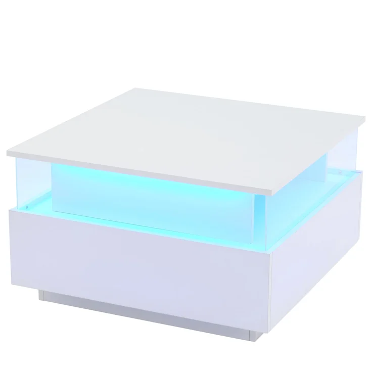 Couchtisch, mit LED-Beleuchtung, 2 Schubladen & transparentem Display, 70x70x41 cm, Weiß – Bild 6