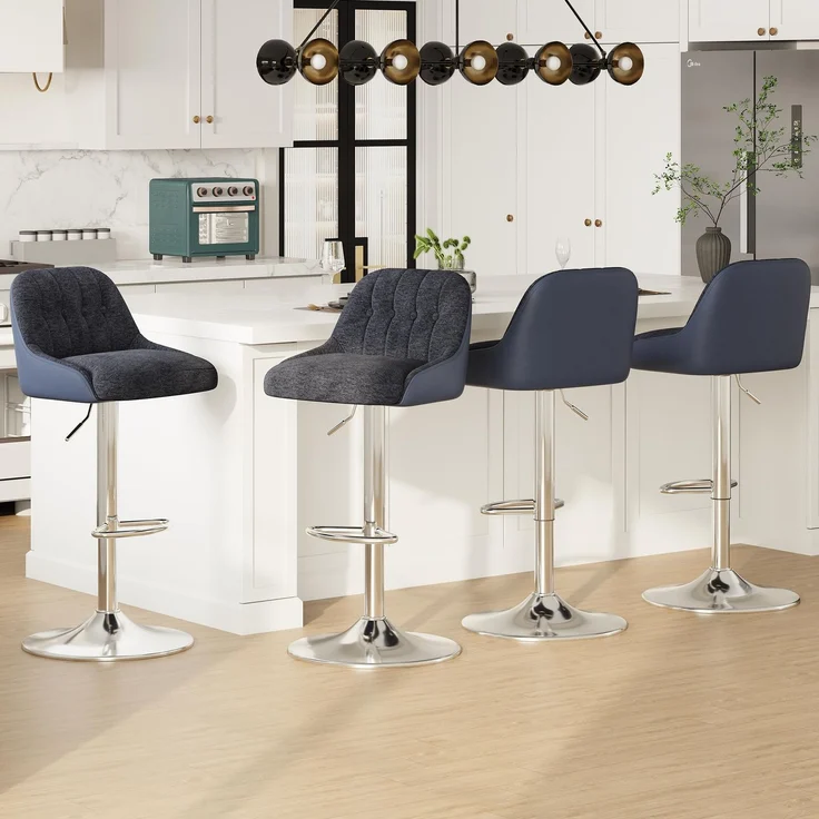 MALOL 360° Drehbarer Höhenverstellbarer Barhocker, Bar Hocker 4er Set mit Rückenlehne, Moderner Küchenhocker mit Metallfuß für Theke, Esszimmer, Barstuhl mit Kombination aus Leder und Stoff, Blau