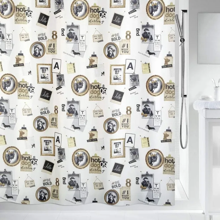 spirella Duschvorhang POSE, Textil-Duschvorhang, 100% Polyester, wasserabweisend, Anti-Schimmel-Effekt, waschbar 40°, dekoratives Motiv, Farbe schwarz-gold, Größe 180 x 200 cm