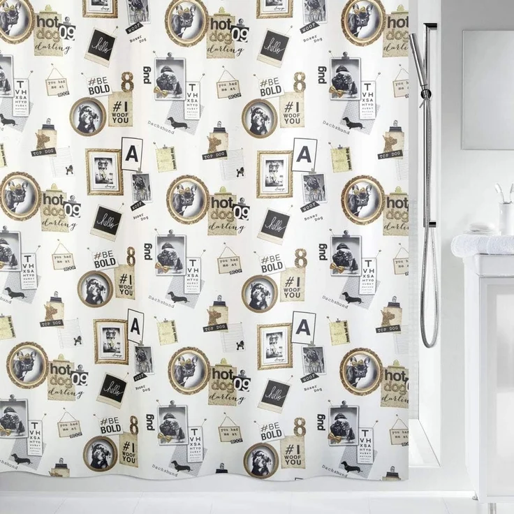 spirella Duschvorhang POSE, Textil-Duschvorhang, 100% Polyester, wasserabweisend, Anti-Schimmel-Effekt, waschbar 40°, dekoratives Motiv, Farbe schwarz-gold, Größe 180 x 200 cm – Bild 1