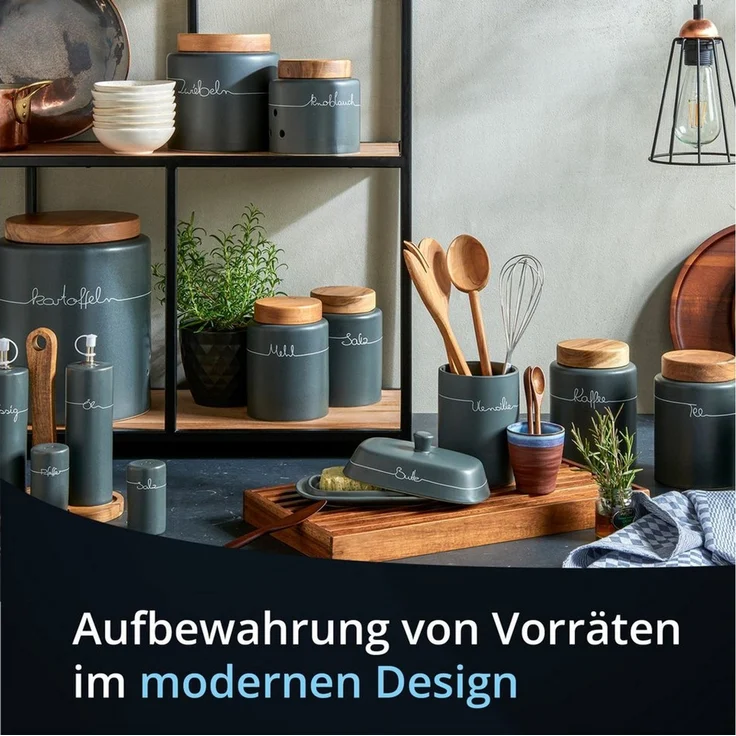 KHG Utensilienhalter Küche Keramik Steingut poliert, Küchen Utensilienhalter Anthrazit Grau mit Beschriftung, Kapazität für ca. 8 Küchenhelfern, Küchen Halter rund Höhe 14 cm & 10,5 cm – Bild 2