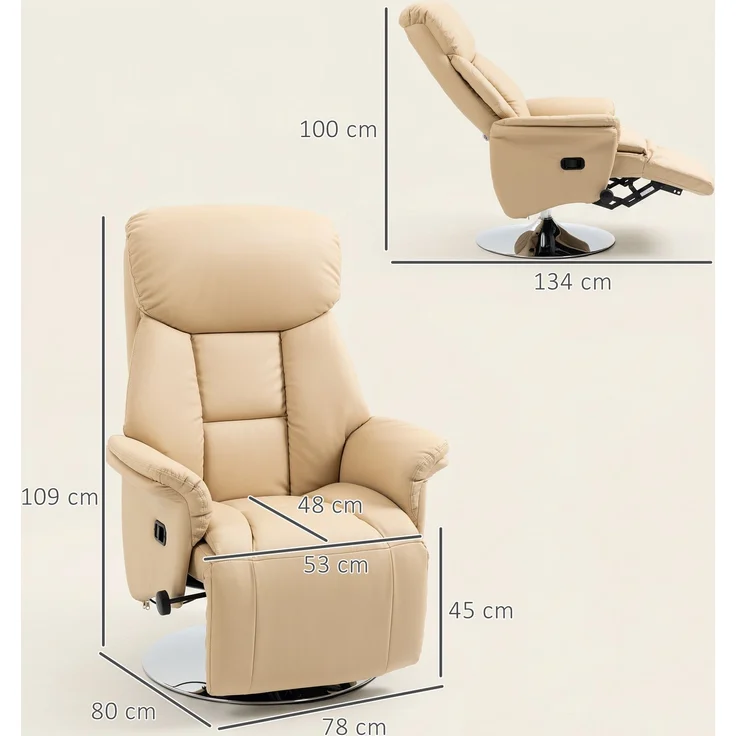 Wohnora-Relaxsessel, Liegefunktion, Lederoptik, Fußstütze, bis 150 kg, 78 x 80 x 109 cm, Beige,H 1090cm x T 800cm x B 780cm – Bild 4