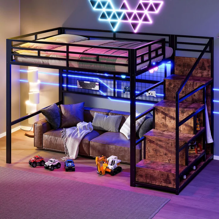 EINHOM Hochbett, 140 x 200 cm, Eisenrahmen, Kleiderschrank, Stauraumleiter, Gitter zum Aufhängen von Gegenständen, Freifläche unter dem Bett, 7-farbige LED-Leuchten, Schwarz (Ohne Matratze) – Bild 3