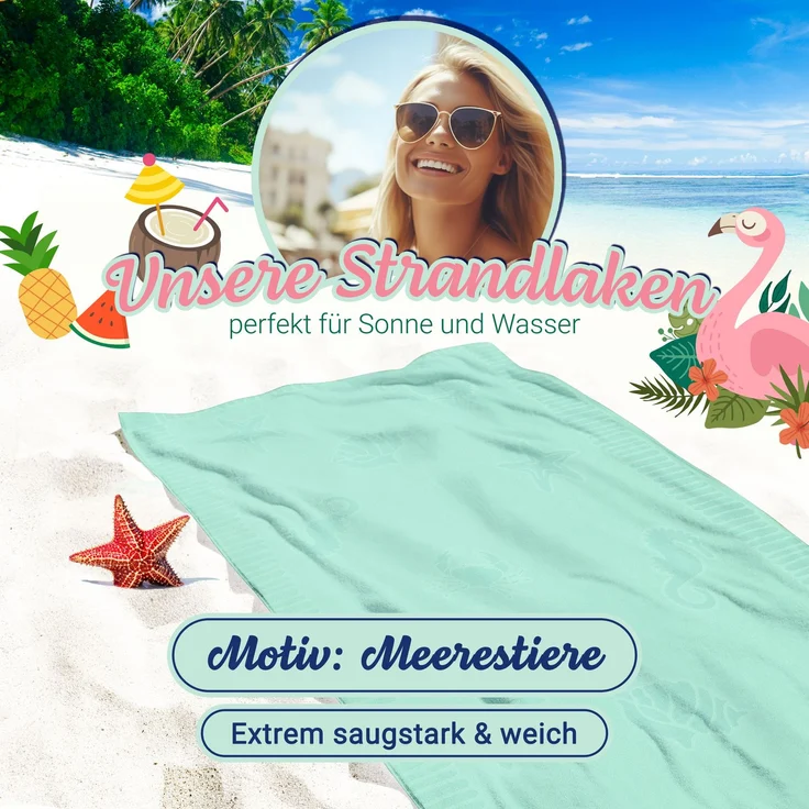 ZOLLNER Strandtuch XXL aus Baumwolle, 100x200 cm, türkis (mint) mit Meerestiermotiven – Bild 4