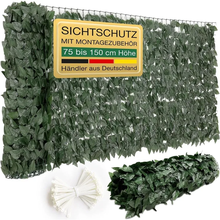 ELONEO Balkon Sichtschutz wetterfest, 300 x 125 cm in Blätteroptik, Balkonverkleidung inkl. 20 Kabelbindern, Sichtschutz Zaun, Sichtschutz Garten, Sichtschutz Terasse, grün
